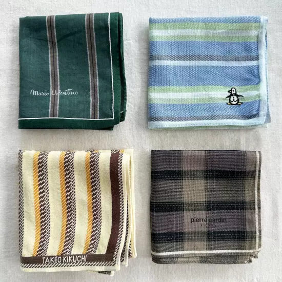 Set of 4 Handkerchief Vintage Cotton Striped & Ckeck Plaid Art Pocket Square 18"