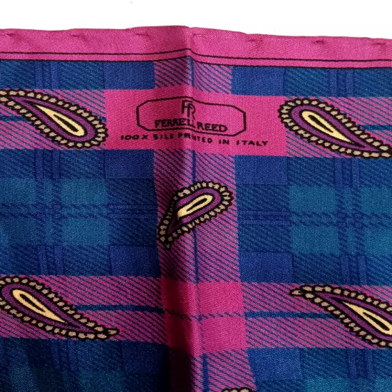 Ferrell Reed Silk Pocket Square Men's Pink Blue Plaid 16.5" Rolled Hems Italy