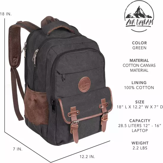 Original Canvas Backpack | 18” Laptop Pocket | XL Size - 30L | Many Pockets | Du