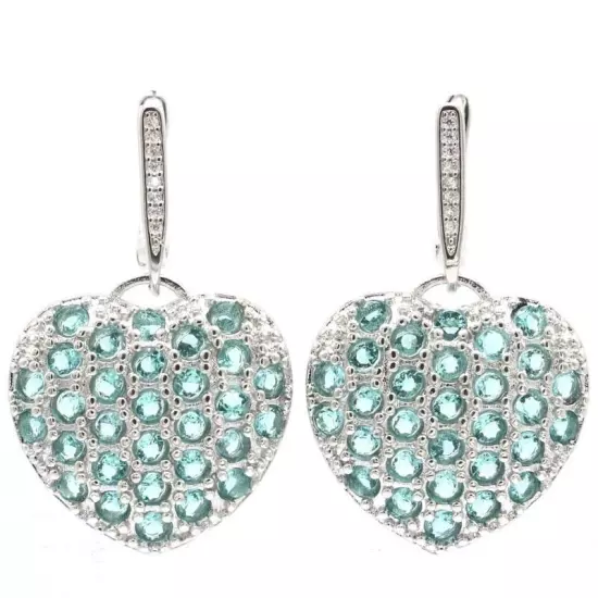 Pretty Heart Shape Rich Blue Aquamarine CZ Woman's Silver Earrings