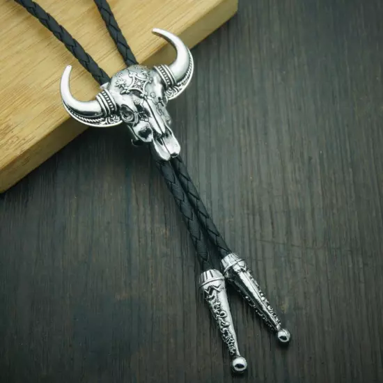 Vintage Men BOLO Tie Bull Head Pattern Wedding Necklace Alloy PU Western Cowboy