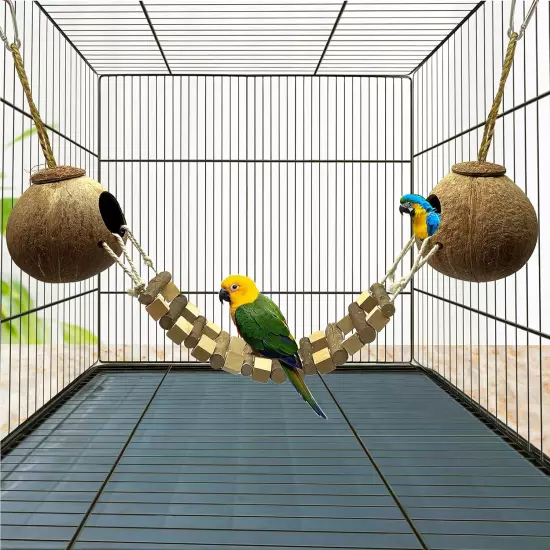 Coconut Bird Nest Hut with Ladder Hanging Birds Hide House Toy for Cage Natural 