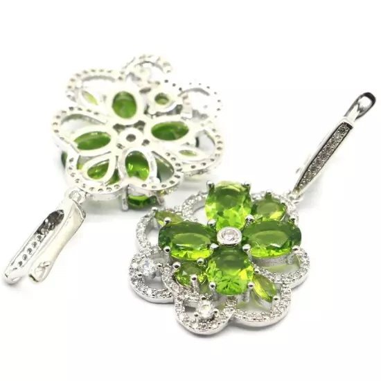 Beautiful Created Green Peridot White CZ Gift For Sister Silver Earrings