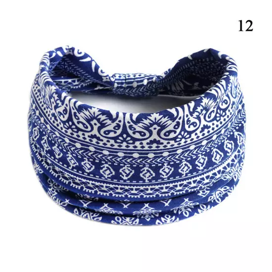 Women Boho Flower Print Wide Headband Vintage Knot Elastic Turban Headwrap *