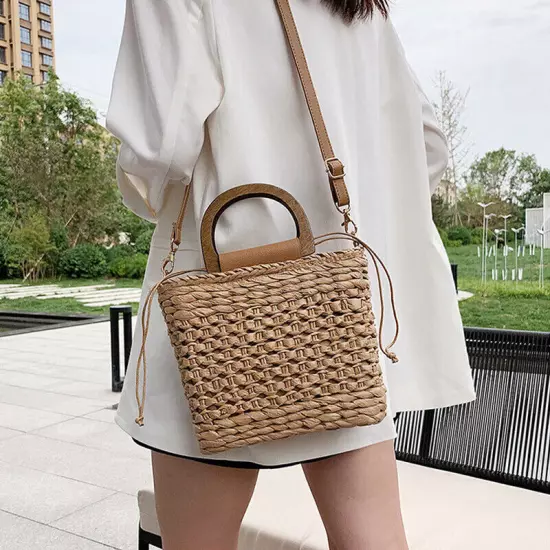 Straw Bags Women Tote Bags Handbags Weave Wooden Handle Beach Shoulder Bag