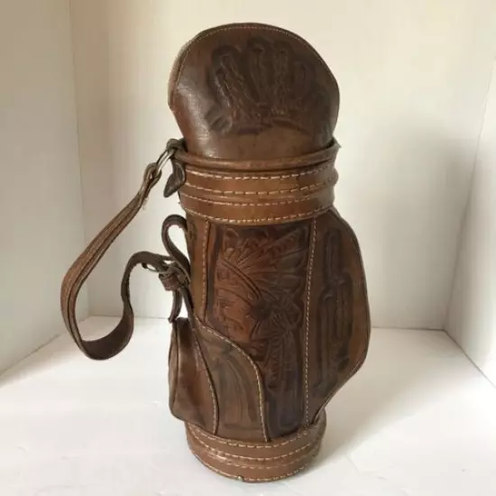 Vintage Leather Golf Bag Liqouer Bottle Holder 15x7x4" Tooled