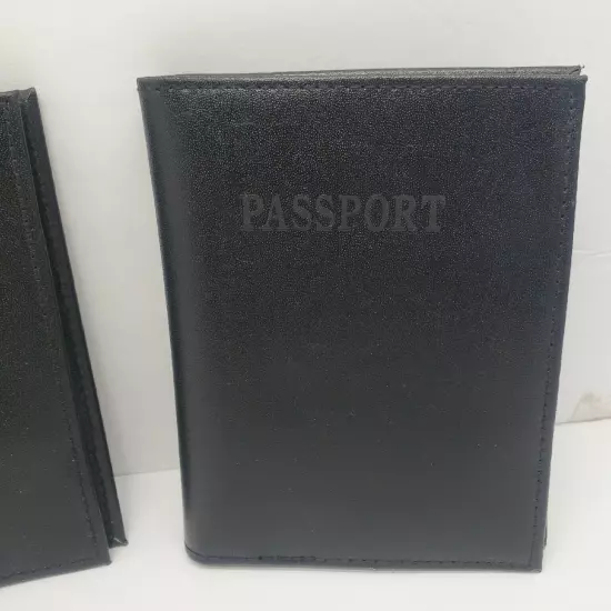 2 Matching Vintage Genuine Leather Black Passport ID Holder Travel Wallet 5.5"H