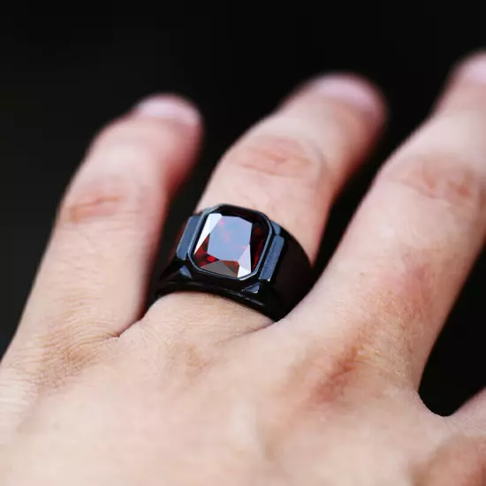 Red Stone Inlay Retro Wedding Ring Stainless Steel Men's Vintage Band Ring Black