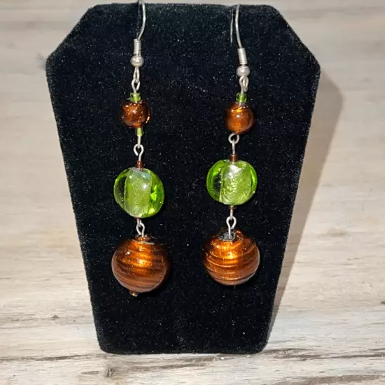 Lovely Green & Brown Glass Earrings Fish Hook