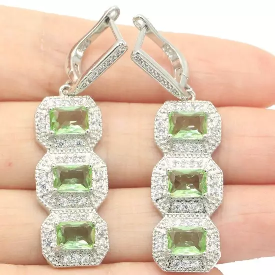 Unique Created Green Tsavorite Garnet White CZ Bride Wedding Silver Earrings