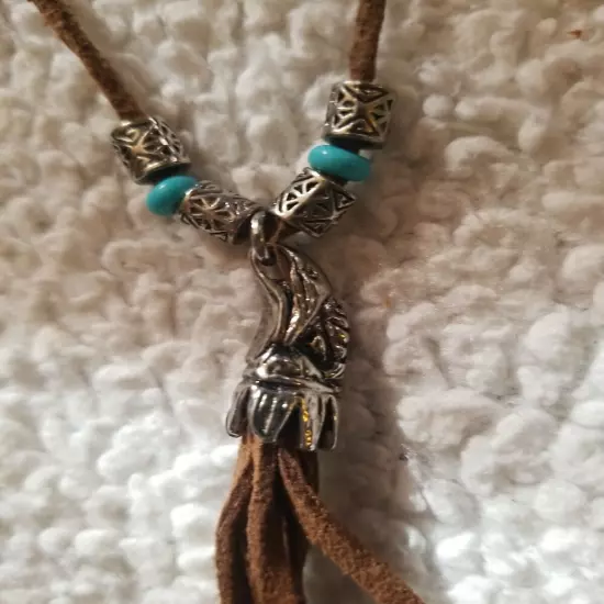 Western Necklace Silver Tone Eagle Charms Blue Beads 