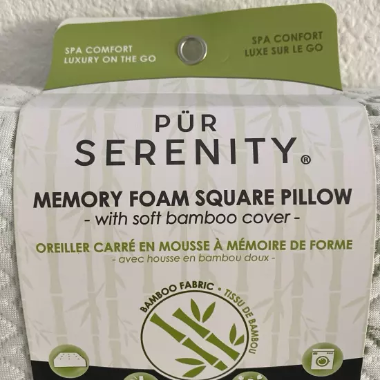 Pur Serenity Memory Foam Square Pillow w/ Soft Bamboo Cover Hypo-Allergenic NEW!