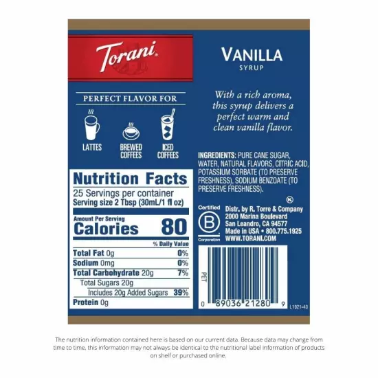 Torani Syrup, Vanilla, 25.4 Ounces Pack of 4