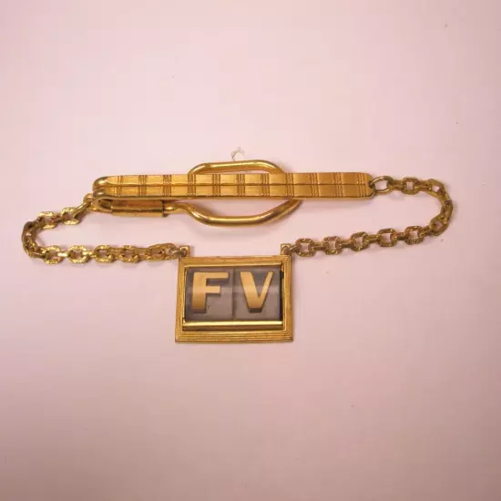 FV Monogram Initial Cable Link Chain Vintage HICKOK Pendant Tie Bar Clip