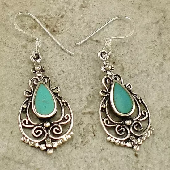 PRETTY .925 STERLING SILVER TURQUOISE FILIGREE DROP EARRINGS style# e1013