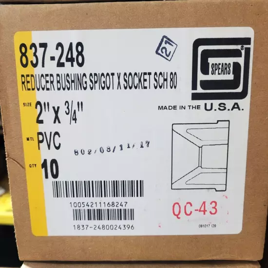 2" x 3/4" Spears PVC Schedule 80 Reducer Bushing (SPG x S) - FREE SHIPPING