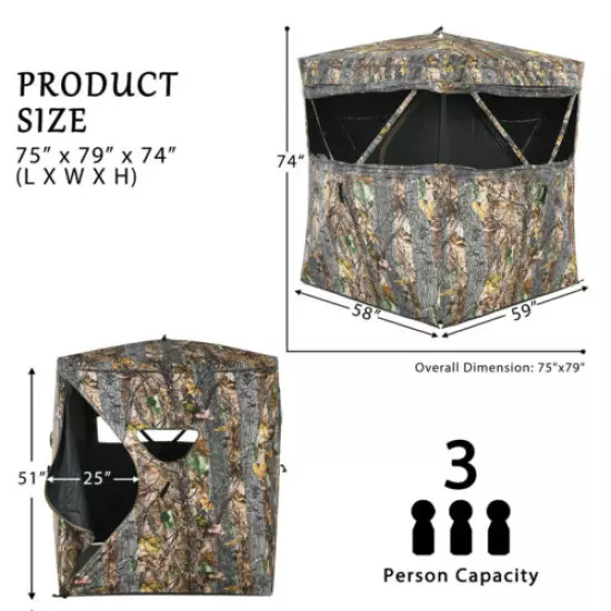 3 Person Portable Hunting Blind Surround View Pop-Up Tent w/ Slide Mesh Window