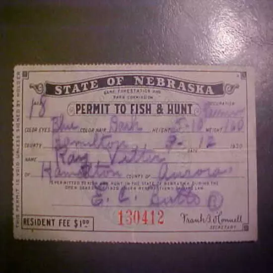 1930 NEBRASKA FISH AND HUNT LICENSE/PERMIT (DUCK,FISHING & HUNTING)