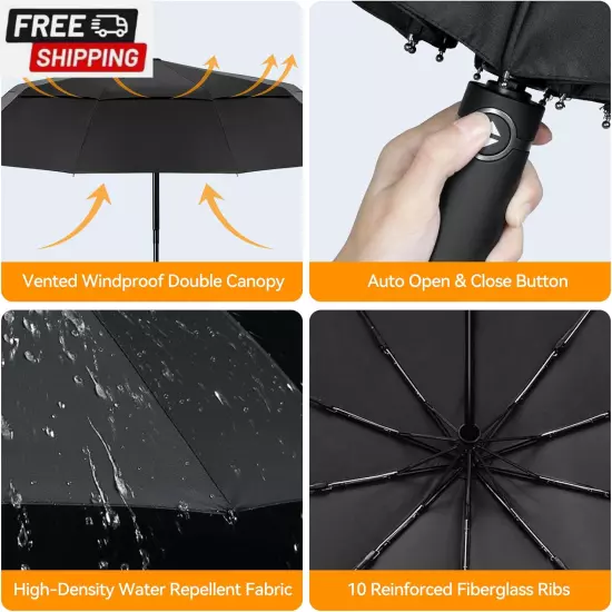 Windproof Umbrella for Rain, Large Travel Folding Umbrella, Strong Compact Umbre