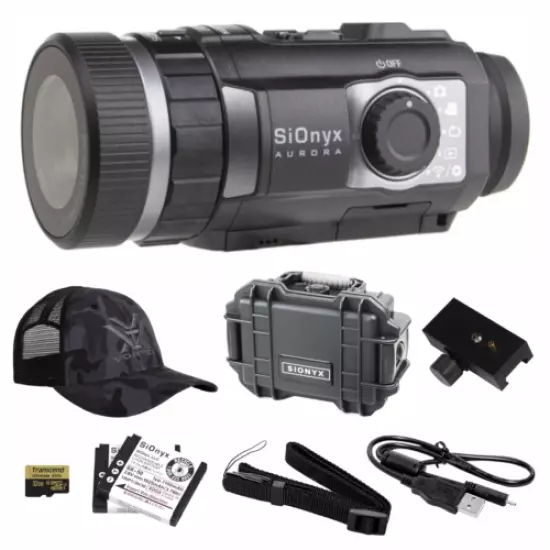 SiOnyx Aurora Black Night Vision Camera with Case and Rail Mount and Hat Bundle