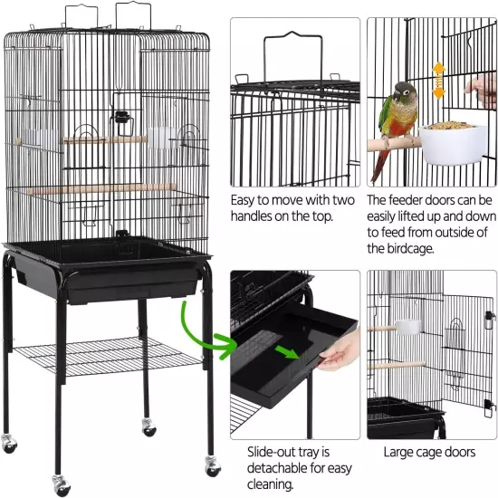 Open Top Rolling Parrot Bird Cage for Cockatiel Sun Parakeet Green Cheek Conure 