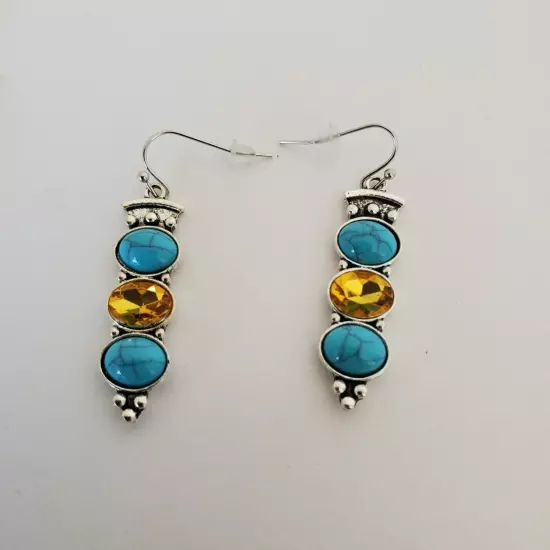 Tribal Boho Dangle Earrings Silver Tone Blue Orange Fashion Jewelry Art Deco