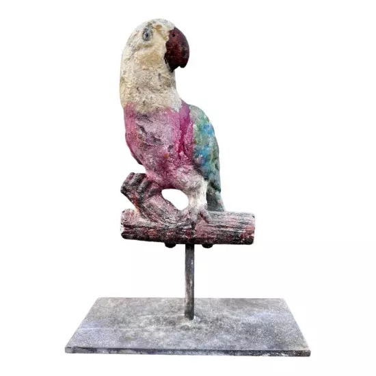 Distressed Perched Cement Parrot on Iron Stand