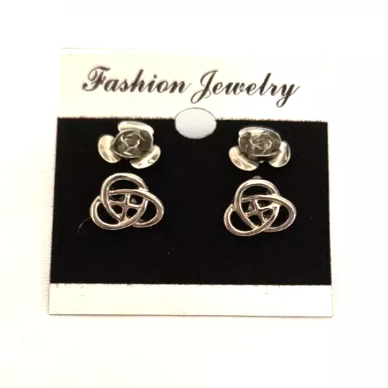 New Fashion Jewelry Women's 2 Pair Stud Earrings Silvertone Roses & Celtic Knots