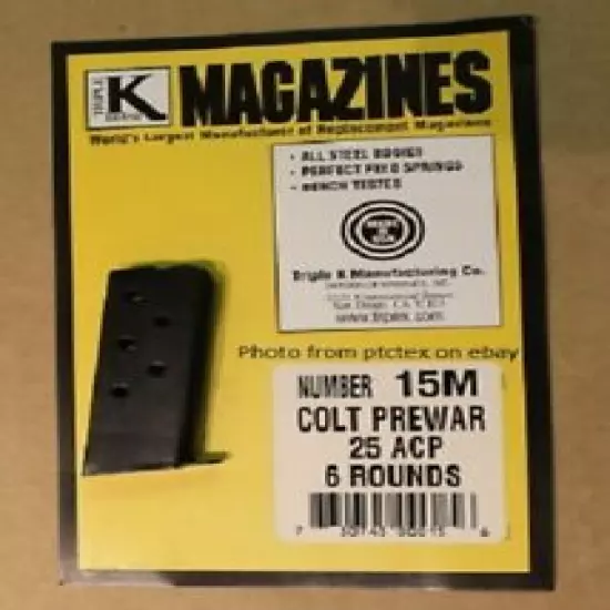 2 New & Unused Magazines Made by Triple K fit Colt Prewar 25 ACP 6 Round Blue 