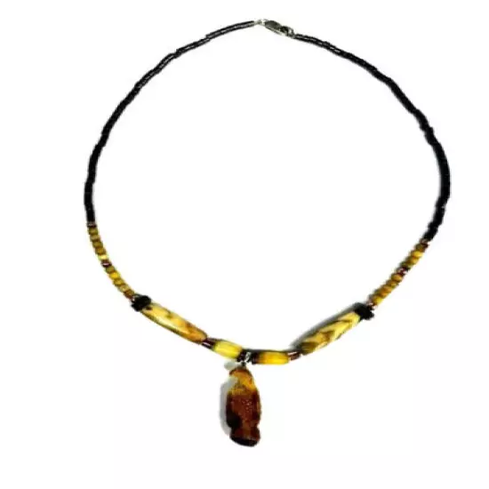 Hand Carved Eagle (Antler) Mountain Man/Woman Beaded Necklace, Hematite, Brass