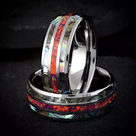 8mm Tungsten Men's Pink/Red Opal w/ Abalone Striped Wedding Band Ring