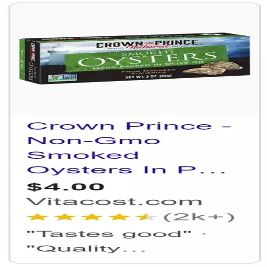 Crown Prince Natural Smoked Oysters in Pure Olive Oil, 3-Ounce Cans (Pack of 16)