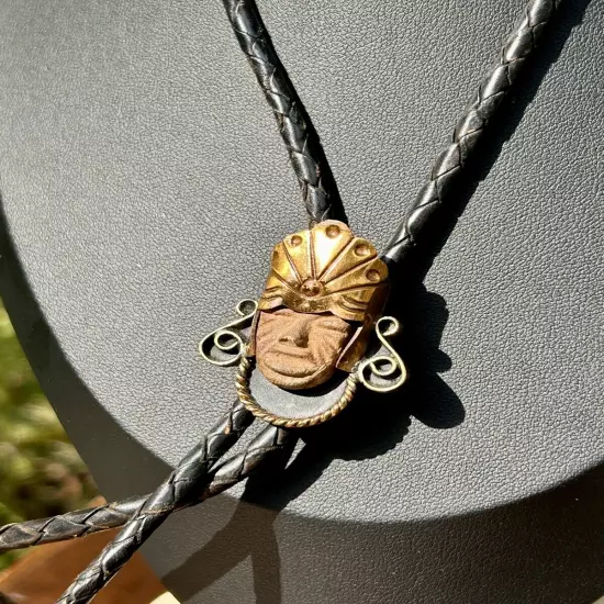 Mayan Bolo Tie Brass And Terra Cotta Head Of Mayan King Vintage Retro Fashion