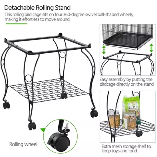 Metal Rolling Bird Cage with 2 Feeders and 2 Wooden Perches, Black