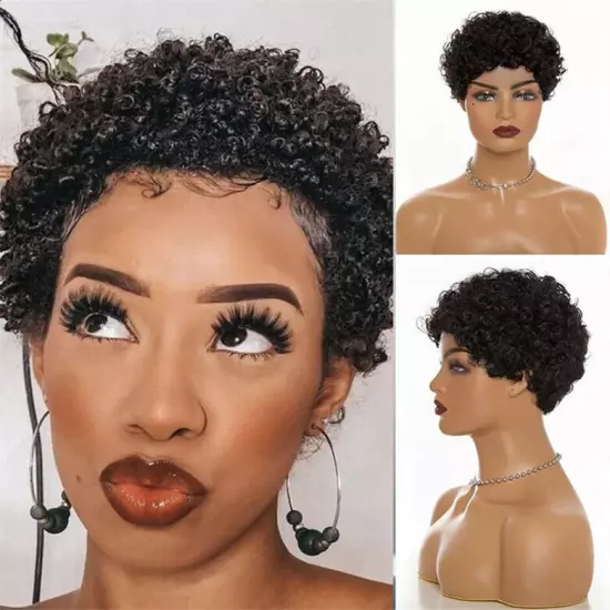 Short Black Afro Curly Human Hair For Women Machine Made None Lace Full Wig Sexy