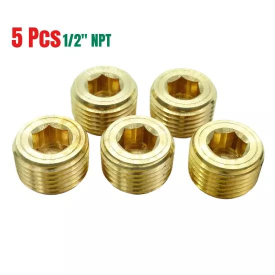 5Pcs Brass Pipe Plug 1/2" NPT Male Thread Hex Internal Head Socket Fitting NEW