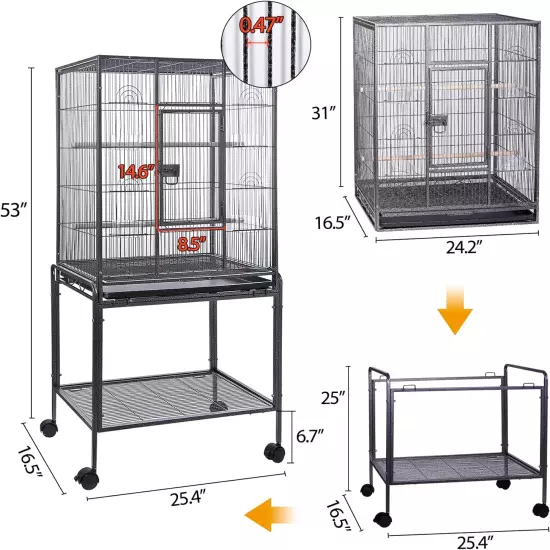 53" Wrought Iron Large Bird Flight Cage Rolling Stand African Grey Parrot Conure