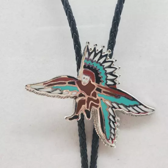 Southwest Bolo Tie With Blue White Red Agate Black Braided Cord 18 In Long