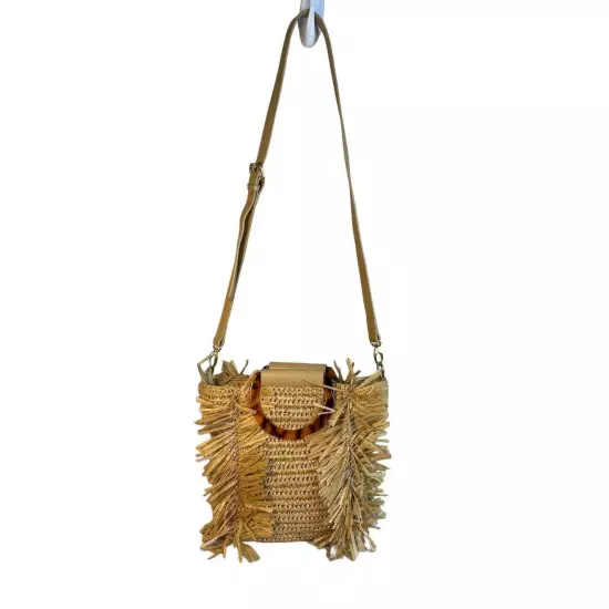 Sondra Roberts Boho Beach Fringe Squared Natural Straw Raffia Weave Bag Purse 