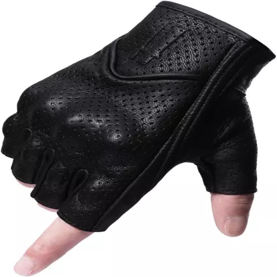 Harssidanzar Men's Motorcycle Gloves Leather Perforated Large, Black 