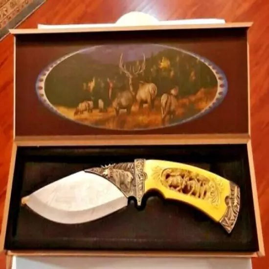 Carved Elk Collectors Edition Knife With Etched Blade in Box