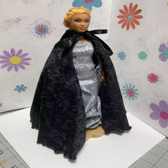 Black Panne Velvet Medieval Style Cape For Your 11.5” Fashion Doll