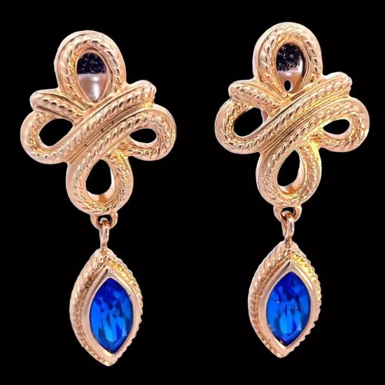 Vintage Swarovski Knot Blue Crystal Drop Clip Earrings