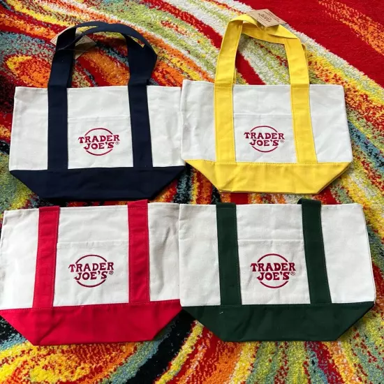 TRADER JOE'S CANVAS MINI Reusable tote bag NWT Set of 4 - Red+Blue+Green+Yellow