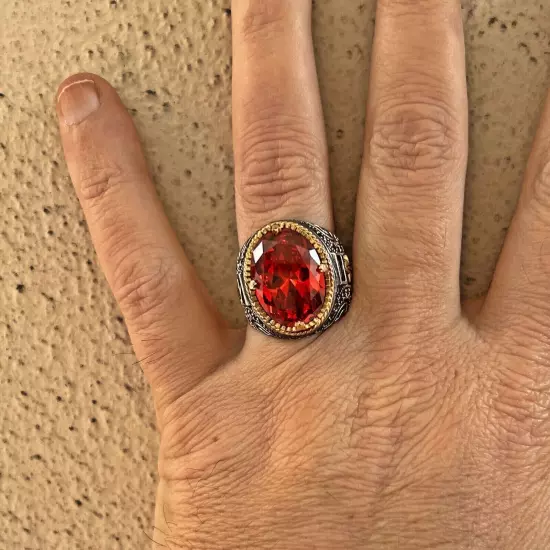 Garnet Red Men's Ring in 925 Sterling Silver Turkish Jewelry All Size