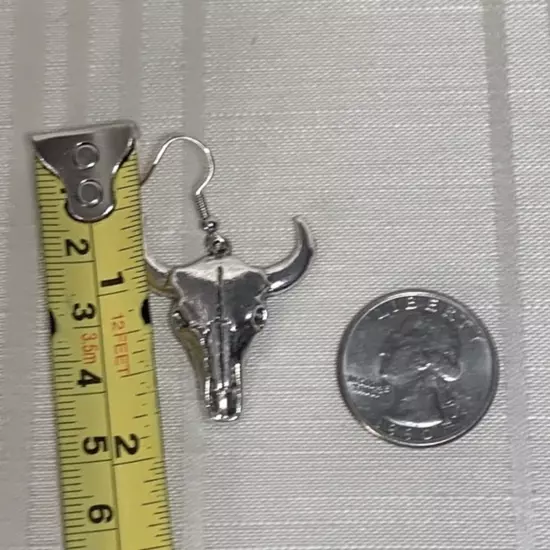 New Cowboy Boho Steer Longhorn Bull Silver-tone Pierced Earrings 2” Long Drop 