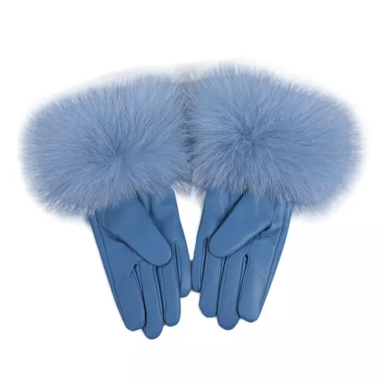 Women Genuine Lambskin Leather Gloves With Real Fox Fur Trim Cuff Winter Warm