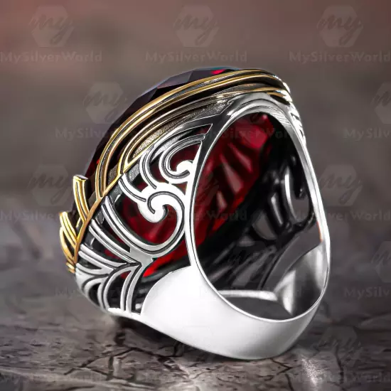 925 Sterling Silver Faceted Red Cubic Zirconia Stone Turkish Huge Men's Ring