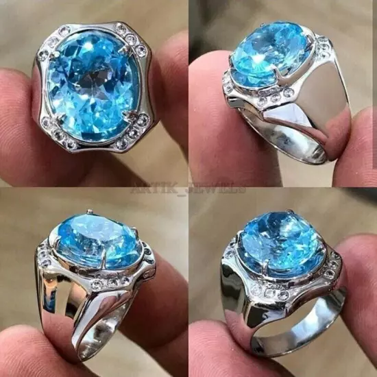 Natural Blue Topaz Gemstone with 925 Sterling Silver Ring for Men's AJ453