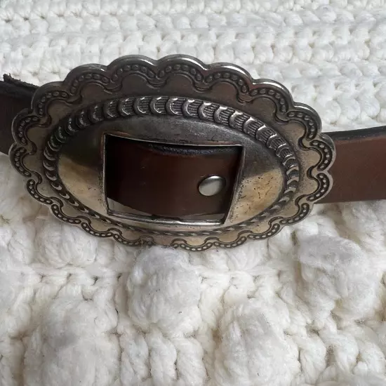 RALPH LAUREN Women's Large Western Concho Silver Medallion Brown Leather Belt